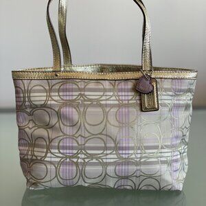 Coach Metallic Gold Plaid Monogram Logo Mini Handbag